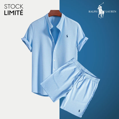 R&L Men's Lightweight Textured Casual Collared Shirt & Shorts Set