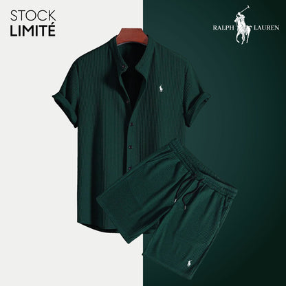 R&L Men's Lightweight Textured Casual Collared Shirt & Shorts Set